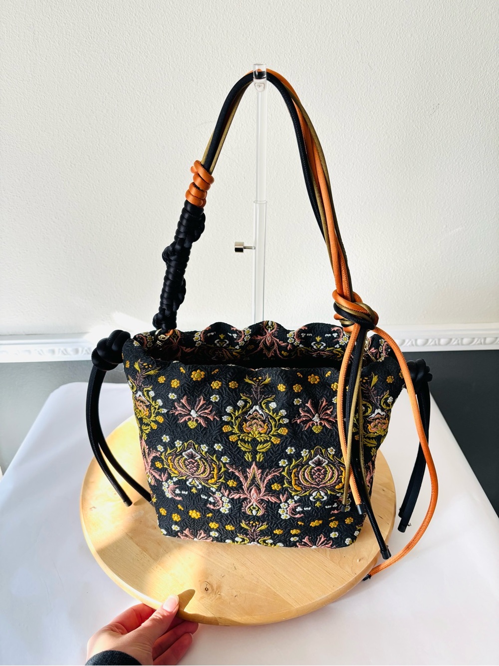 Dries Van Noten Black Floral Tapestry Bucket Bag with Orange Straps
